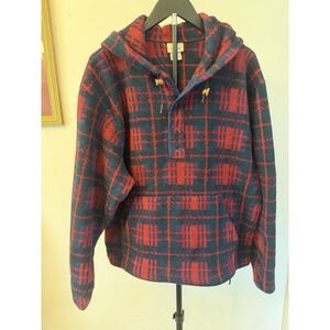 L.L. Bean Vintage Fleece Hoodie Mens Burgundy/Blue Snap Pullover W/Front Pocket